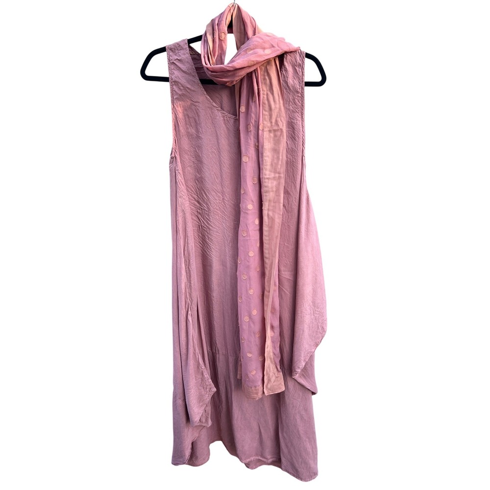 Grizas Silk Dress Medium Mauve Pink Lagenlook Scarf Set Art to Wear Boho Luxury